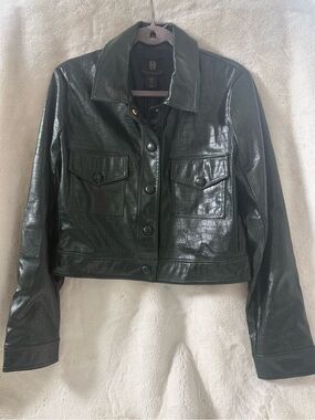 House Of Harlow Womens (M) Faux Croc Vegan Leather Jacket - Dark Green NWT